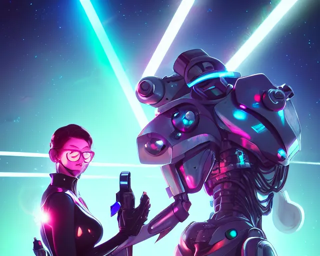 Prompt: artgerm, artstation, mech machines firing at giant bug monsters, people in space armor shooting neon lasers