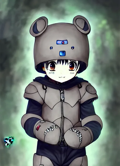 Image similar to beautiful little boy wearing an cyborg bear suit, artwork in kentaro miura and made in abyss and rosdraws, smooth, beautiful lightness, anatomically correct, trending on pixiv, forest