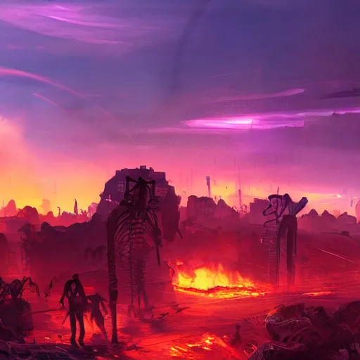 Prompt: apocalyptic futuristic world, sunset, skeletons rising from the ground, colorful sky, distant burning fires, skeleton walking around, destroyed buildings, street view, concept art, fantasy, illustration, 8 k, high detail, artstation award