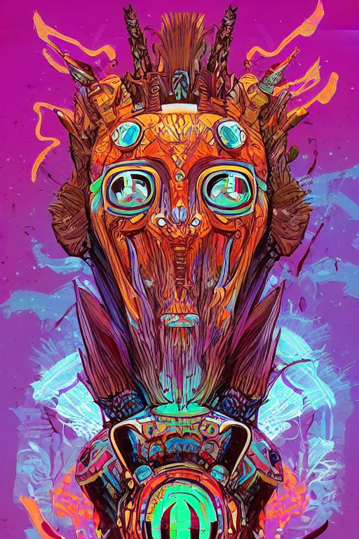 Image similar to totem animal tribal chaman vodoo mask feather gemstone plant wood rock video game illustration vivid color borderlands by josan gonzales and dan mumford radiating a glowing aura