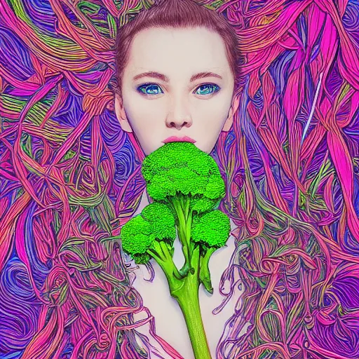 Prompt: the portrait of an unbelievably beautiful and sophisticated young woman made up of broccoli looking straight up, an ultrafine detailed illustration by james jean, intricate linework, bright colors, final fantasy, behance contest winner, vanitas, angular, altermodern, unreal engine 5 highly rendered, global illumination, radiant light, detailed and intricate environment