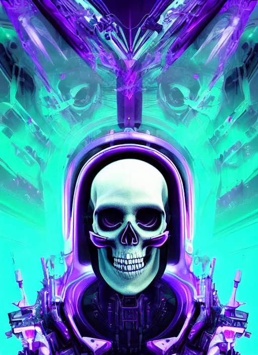 Prompt: album art of a futuristic skull with glowing eyes and a purple background, cyberpunk art by android jones, behance contest winner, computer art, darksynth, synthwave, rendered in cinema 4 d