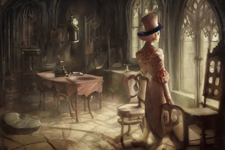 Prompt: A mouse in a Gothic atelier, oil painting, detailed, colorful, 4k, dimly lit, in the style of Yanjung Chen and Tom Bagshaw