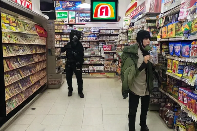 Prompt: solid snake sneaking inside of a 7 - eleven