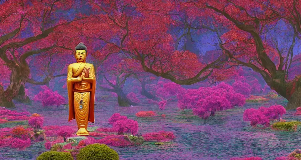 Prompt: a serene landscape, buddhist artwork, award-winning, trending, very very eye candy, 8K trippy visuals