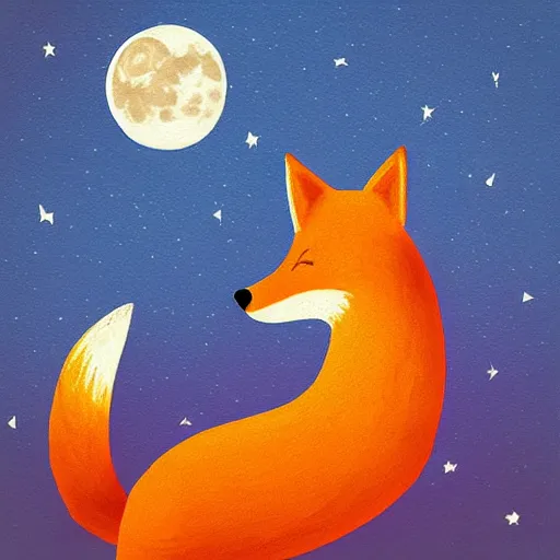 Image similar to “a fox sitting in the woods, looking up at the night sky. The moon shines brightly. digital art, painting”