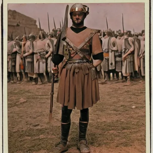 Prompt: photograph of a roman soldier in front of his army, ancient rome, movie picture, colour photograph