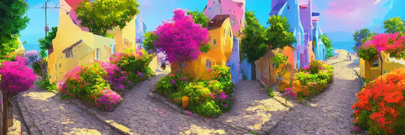 Prompt: a lonely cobblestone street with flowers on a hill with colorful houses near the beach and the sea, brightly illuminated by rays of sun, artstation, colorful sylvain sarrailh illustration
