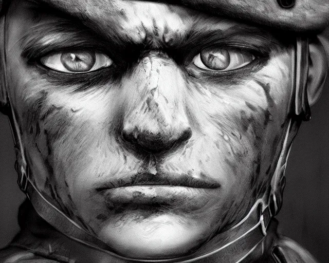 Image similar to A soldier cat warrior in world war one, close-up, realistic face, sharp facial features, mature facial features, black and white, amazing digital art, hyper detailed, artstation, in the style of Tony Sart