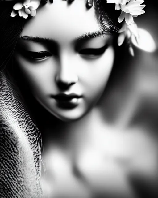 Image similar to black and white dreamy young beautiful veiled female artificial intelligence, realistic flowers ornament in the face, long hair are intricate with highly detailed realistic flowers, cinematic, rim light, bokeh, photo - realistic, elegant, high detail, 8 k, masterpiece, photo taken in 1 9 3 0