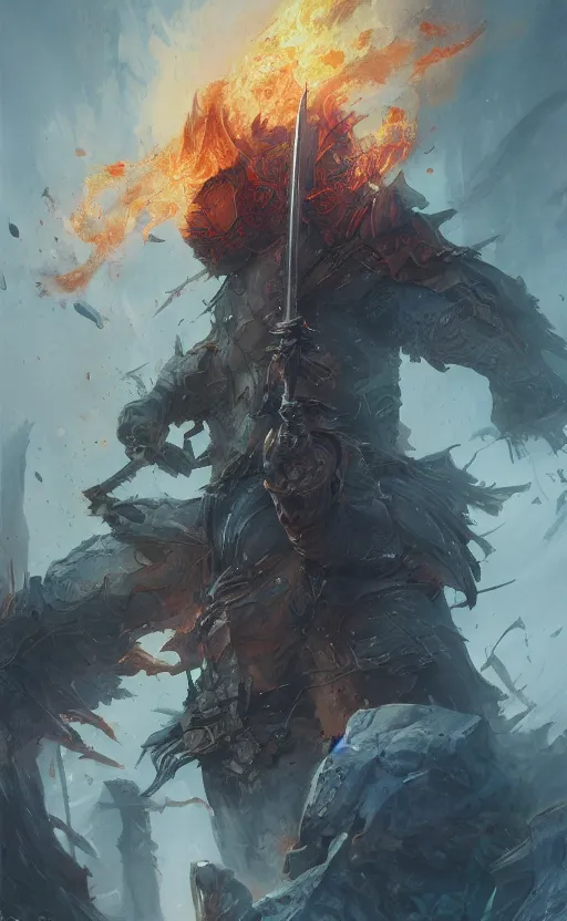 Prompt: close view of sword, flames, show room background, front game card, drark, marvel comics, dark, intricate, highly detailed, smooth, artstation, digital illustration by ruan jia and mandy jurgens and artgerm and wayne barlowe and greg rutkowski and zdislav beksinski