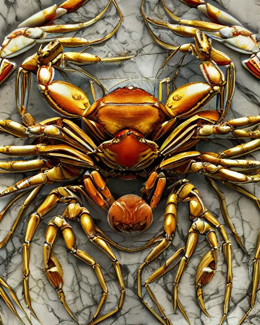 Image similar to symmetry, intracate marble bas relief sculpture, gold wire inlay, thousands of crabs crabs crabs crabs crabs crabs, spiders, snakes, highly detailed, octane, 8 k, hdr, hr geiger, ridley scott, alphonse mucha, trending on artstation