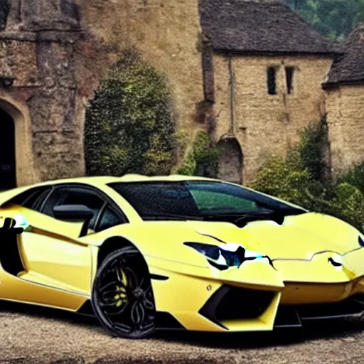 Image similar to a Lamborghini Aventador parked in a medieval fantasy setting with magic, confused villagers stare at Lamborghini Aventador