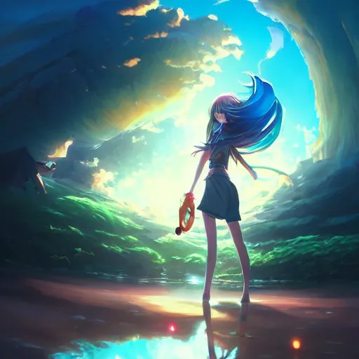 Image similar to a cute anime girl, long hair, fantasy art, 2 d game art, concept art, heavenly lighting, retrowave, behance hd, concept art by jesper ejsing, by rhads, makoto shinkai cyril rolando, madgwick, cory loftis, anime studio and pixar animation studio and disney