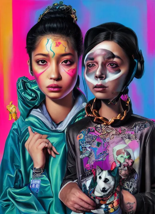 Prompt: beautiful portrait painting of a beautiful hiphop cyberpunk princess and her corgi assassin king, by Afarin Sajedi, Alessandro Barbucci, Alex Gross, Shin Jeongho, Shohei Otomo. trending on Artstation, 8k, masterpiece, face enhance, graffiti paint, fine detail, full of color, intricate detail, golden ratio illustration