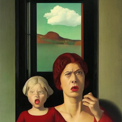 Image similar to a very angry mother is furious with her daughter by Raphael, Hopper, and Rene Magritte. detailed, romantic, enchanting, trending on artstation.