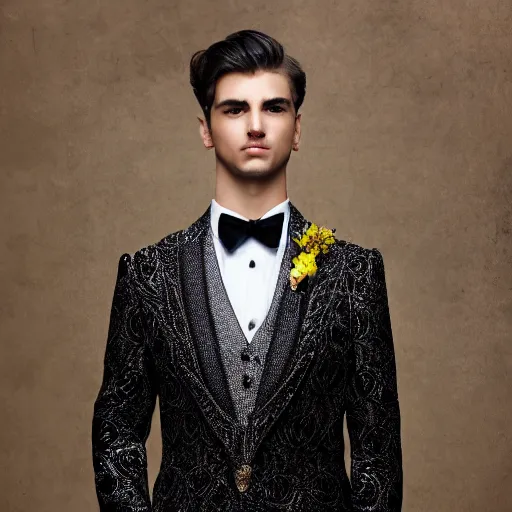 Prompt: elegant fancy suit of the groom,, black gold with elements of the sun. golden highlights. frill collar. intricate patterns with clear lines. clear details. realistic photo. the model is a handsome young man with a symmetrical face.