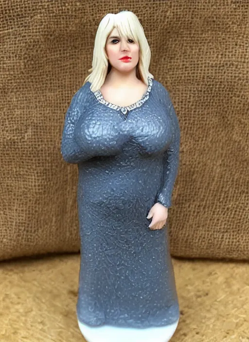 Prompt: 80mm resin detailed miniature of a beautiful chubby mature lady, clothed in white, olive skin, long blond hair, beautiful bone structure, symmetrical facial features, Product Introduction Photos, 4K, Full body