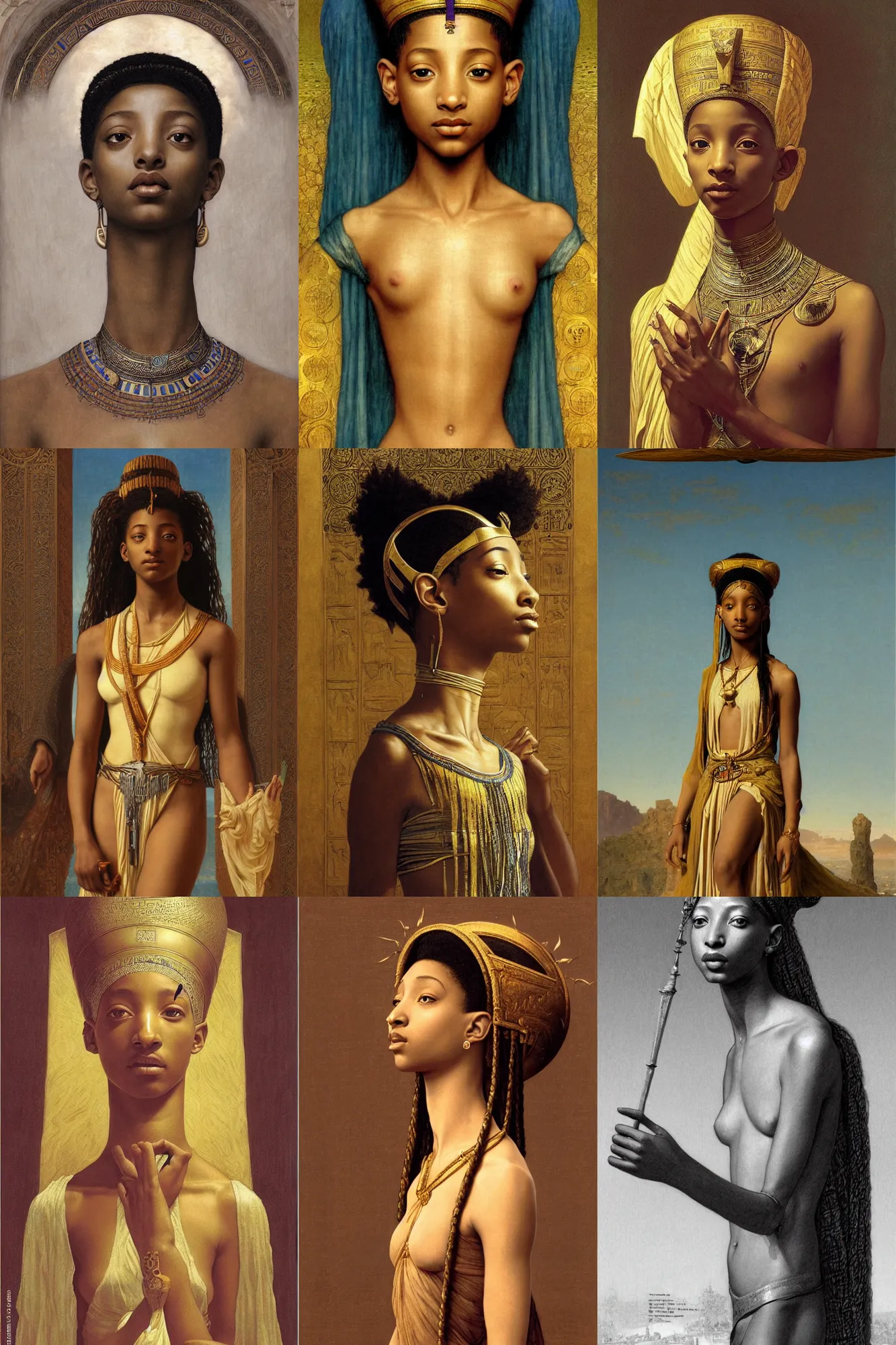 Prompt: willow smith queen nefertiti, highly detailed, artstation, concept art, sharp focus, illustration, orientalism, edwin long, bouguereau