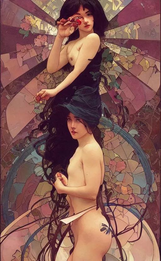 Image similar to egirl!!!!! aesthetic!!!! girl painting by tran nguyen ilya kuvshinov alphonse mucha and greg rutkowski