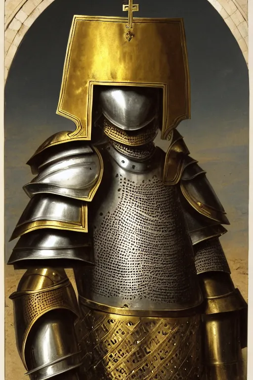 Prompt: man looking forward in iron decorated with gold baroque style christian crusader plate armor, cylindrical crusader great helm covering all his head decorated with golden cross on front it's front and white cape covering most of his body standing at the gates of jerusalem drawn by greg rutkowski realistic high detail