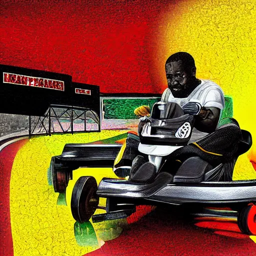Prompt: Jamaican man, in go-kart, chased by police, digital art