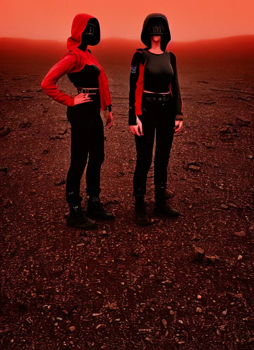 Image similar to cinestill 5 0 d photographic portrait of two loving female androids wearing rugged black techwear on a desolate plain with a red sky, extreme closeup, lizard on ground, cyberpunk style, in front of a brutalist dark metal facility, dust storm, 8 k, hd, high resolution, 3 5 mm, f / 3 2, realistic faces