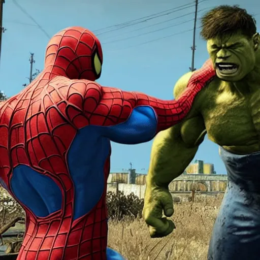 Image similar to hulk and spiderman in fallout 4