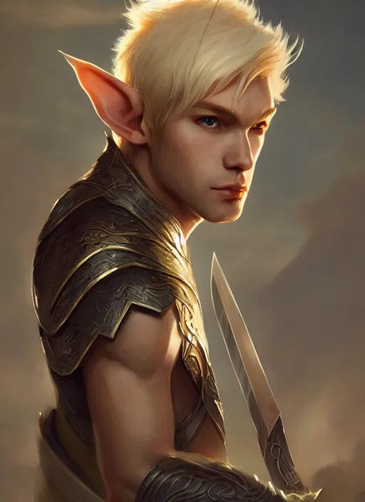 Image similar to Half-body portrait an elven princes with blonde hair and giant sword. In style of Hyung-tae Kim and Greg Rutkowski, concept art, trending on ArtStation, Korean MMORPG, over-detailed art, 8K, epic, dynamic lightning, dramatic pose.