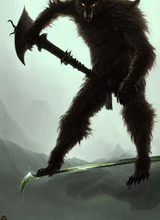 Image similar to A humanoid scary wolf in heavy armor, brown and black fur, holding a green Scythe. Evil look. In style of Hyung-tae Kim, Greg Rutkowski and Larry Elmore, concept art, trending on ArtStation, Korean MMORPG, over-detailed art, 8K, epic, dynamic lightning, scenery.