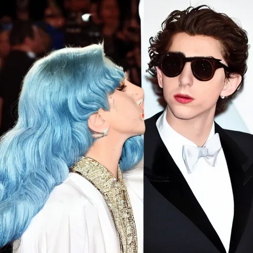 Image similar to timothee chalamet and lady gaga meet eachother, highly beautiful faces, highly detailed