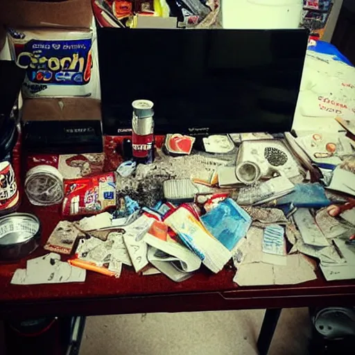 Prompt: rate my Battlestation, cigarette butts, soda cans, ashtray, ashes, stains, dirt, grime, messy, burn holes, cat litter, stacks of paper, old food, plates, silverware, pee bottles