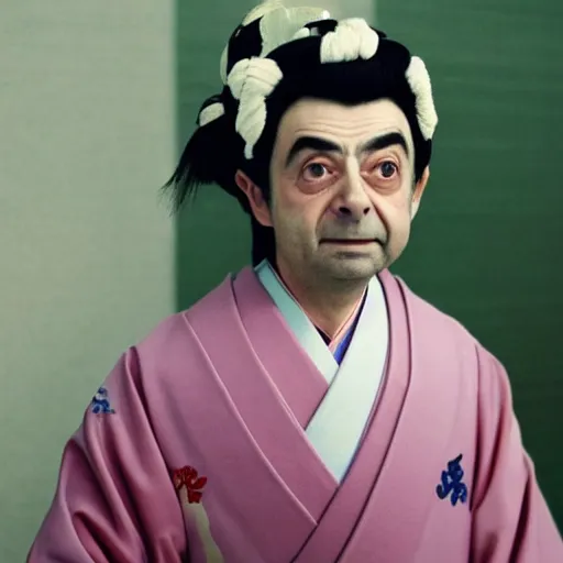 Prompt: rowan atkinson dressed as a traditional japanese woman, cinematic shot, dynamic lighting, close up, impressive winning photo, pastel colors