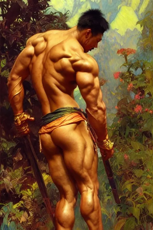 Image similar to attractive muscular man, wuxia, colorful, painting by gaston bussiere, craig mullins, greg rutkowski, alphonse mucha