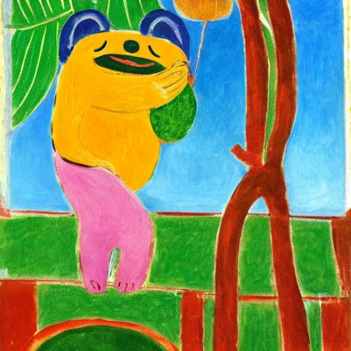 Prompt: a Matisse painting of a smiley sloth hugging an avocado, climbing a Lúcuma tree, waving the Peruvian flag