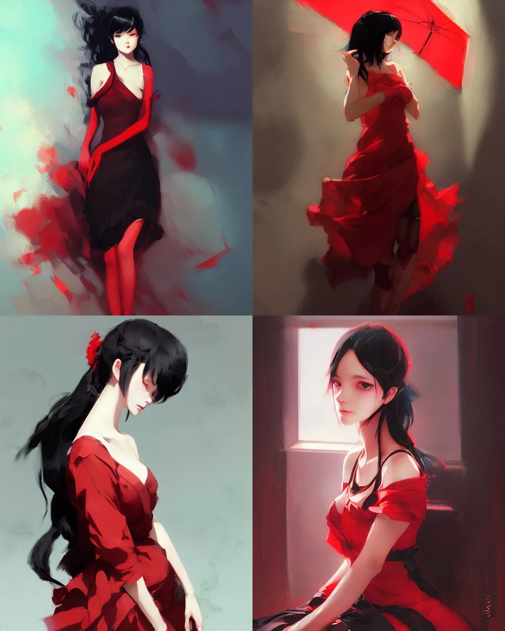 Prompt: girl with black hair and red dress, half - length photo, illustration, perfectly shaded, atmospheric lighting, by wenjun lin an krenz cushart