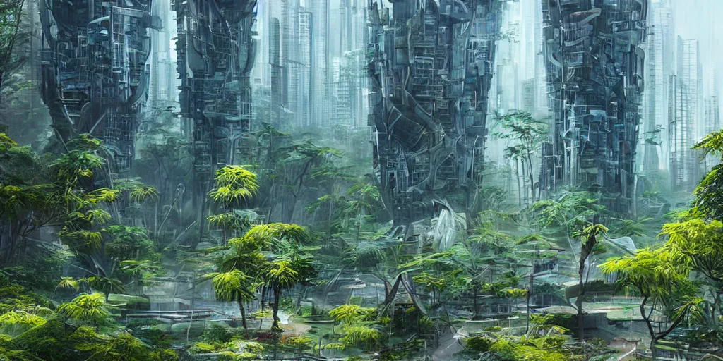 Prompt: bamboo garden in the middle of a futuristic megacity, sci-fi, matte painting, concept art, style by dylan cole