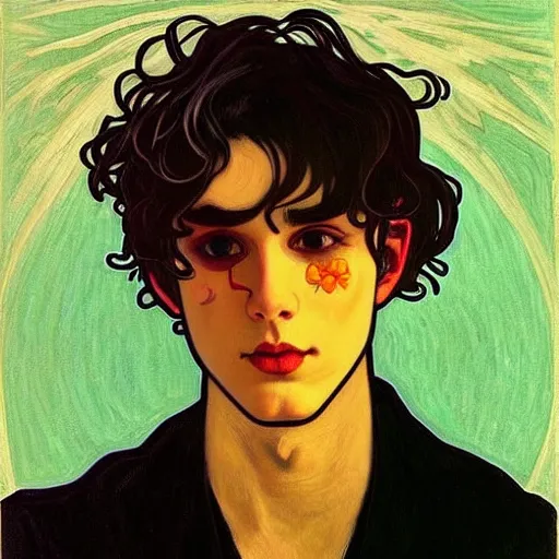 Image similar to painting of young cute handsome beautiful dark medium wavy hair man in his 2 0 s named shadow taehyung at the halloween pumpkin jack o'lantern party, depressed, melancholy, autumn, japan, elegant, clear, painting, stylized, delicate, soft facial features, delicate facial features, soft art, art by alphonse mucha, vincent van gogh, egon schiele