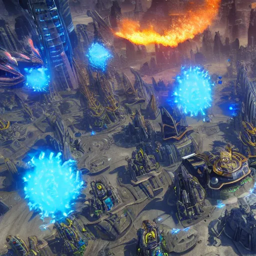 Image similar to zerg hovering above protoss city, uhd 4 k, artstation, hdr, 4 k, incredible detail, cinematic lighting, unreal engine 5, 8 k resolution, attacking protoss, crushing units, super realism, ultra view