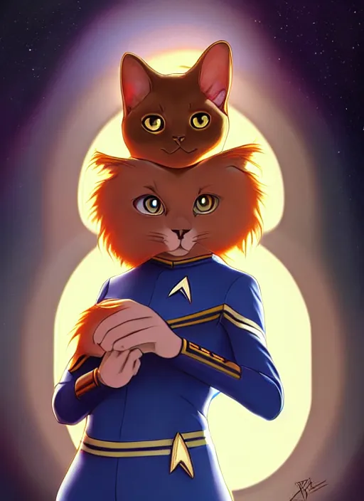 Image similar to cute star trek officer scarred cat, natural lighting, path traced, highly detailed, high quality, digital painting, by don bluth and ross tran and studio ghibli and alphonse mucha, artgerm