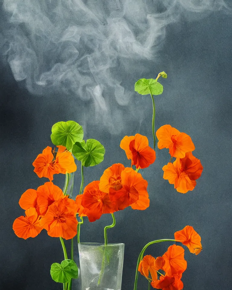 Image similar to photorealistic photograph still life of nasturtium surrounded by blueish smoke with soft light coming from a window in a dark room, moody