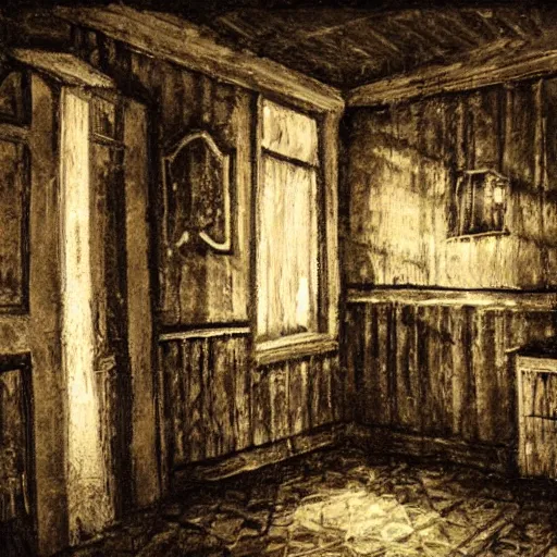 Image similar to interior of a haunted house, late at night