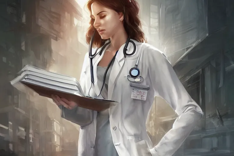 Image similar to a poster of emergency room, an elegant and beautiful female doctor in a white coat in a hospital ward, cinematic, highly detailed, digital painting, artstation, concept art, matte, sharp focus, illustration, art by artgerm and greg rutkowski