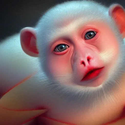 Prompt: magical scene. the sweet old very fat baby white monkey, red lips, blue eyes, is in love with her fancy beautiful colorful white fish. close up. clear face. subsurface scattering shiny skin. cinematic scene. glossy. highly detailed, color harmony, art station, ornate, caravaggio style. 3 d, beautiful lighting, old photography