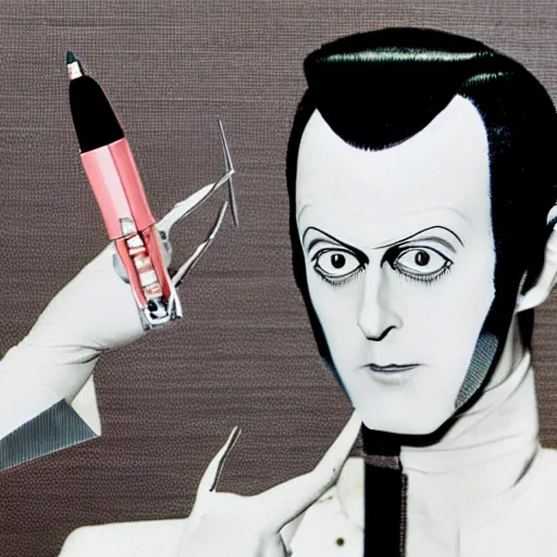 Prompt: a high quality product photo ad of klaus nomi with a technical reed rollerball pen exacto knife by junji ito, ethereal eel ( 1 9 8 1 )