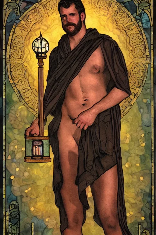 Prompt: tarot card of a shirtless beautiful beefy cowboy holding a lantern | dark tela robe, dad bod, homoerotic, art deco, art nouveau, | by louis comfort tiffany | trending on artstation