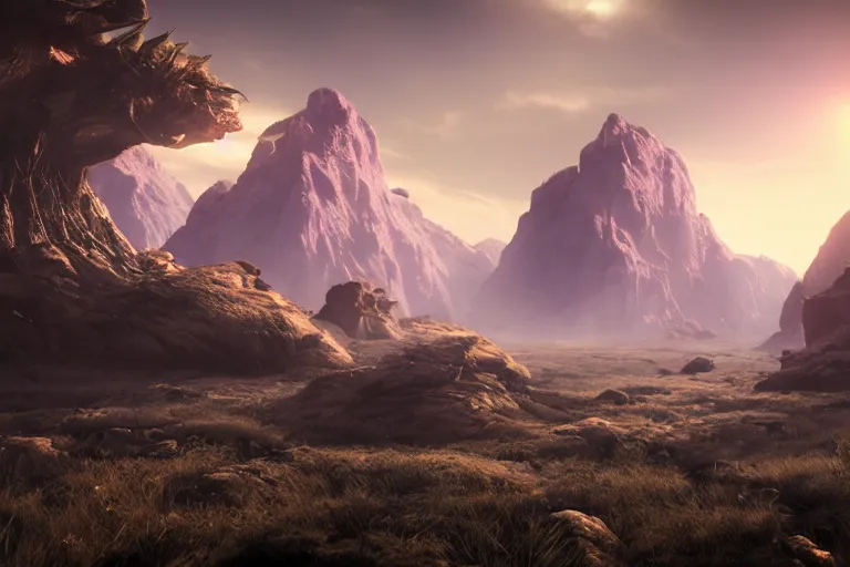 Image similar to Landscape of a beautiful alien world. Cinematic lighting. Photorealism.