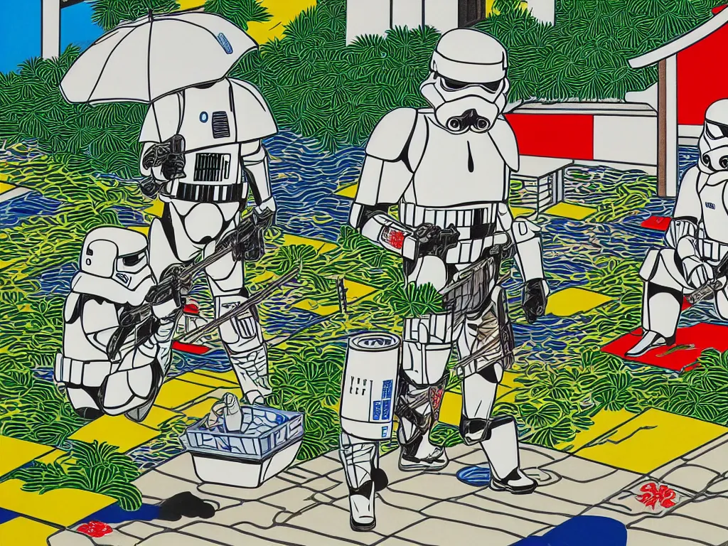 Image similar to detailed close - up image of the japanese home with a garden and a pond, 2 stormtroopers sitting around it, pop - art style, jacky tsai style, andy warhol style, roy lichtenstein style, rich palette, acrylic on canvas