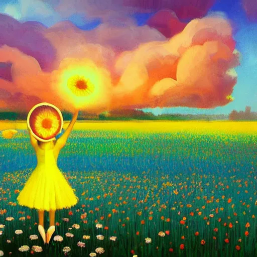 Image similar to giant daisy flower as head, girl ballet dancing in a flower field, surreal photography, sunrise, dramatic light, impressionist painting, colorful clouds, digital painting, artstation, simon stalenhag