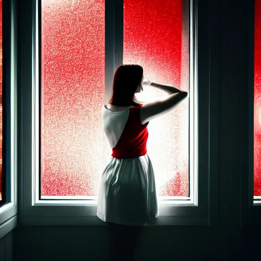 Image similar to woman wearing white and red looking outside the window in her bedroom at night, elegant, highly detailed, 8 k, photorealistic, photography, real picture, heavy grain, studio lighting, hdr
